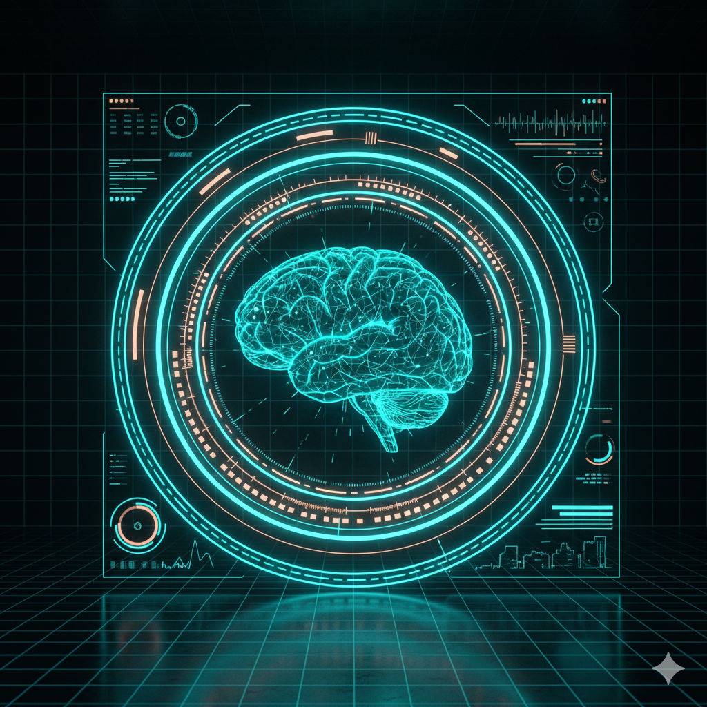 Brain HUD interface visualizing intelligence augmentation.