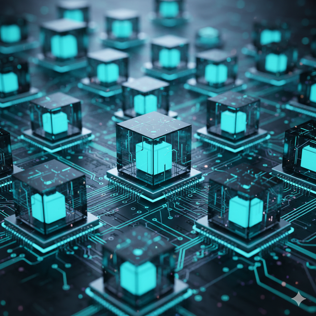 Chip grid of data blocks powering training and retrieval.