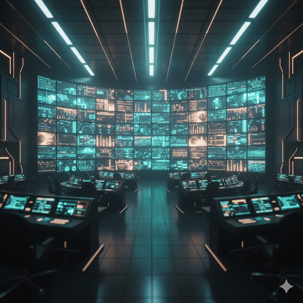 Command wall visualizing system telemetry and AI command arrays.