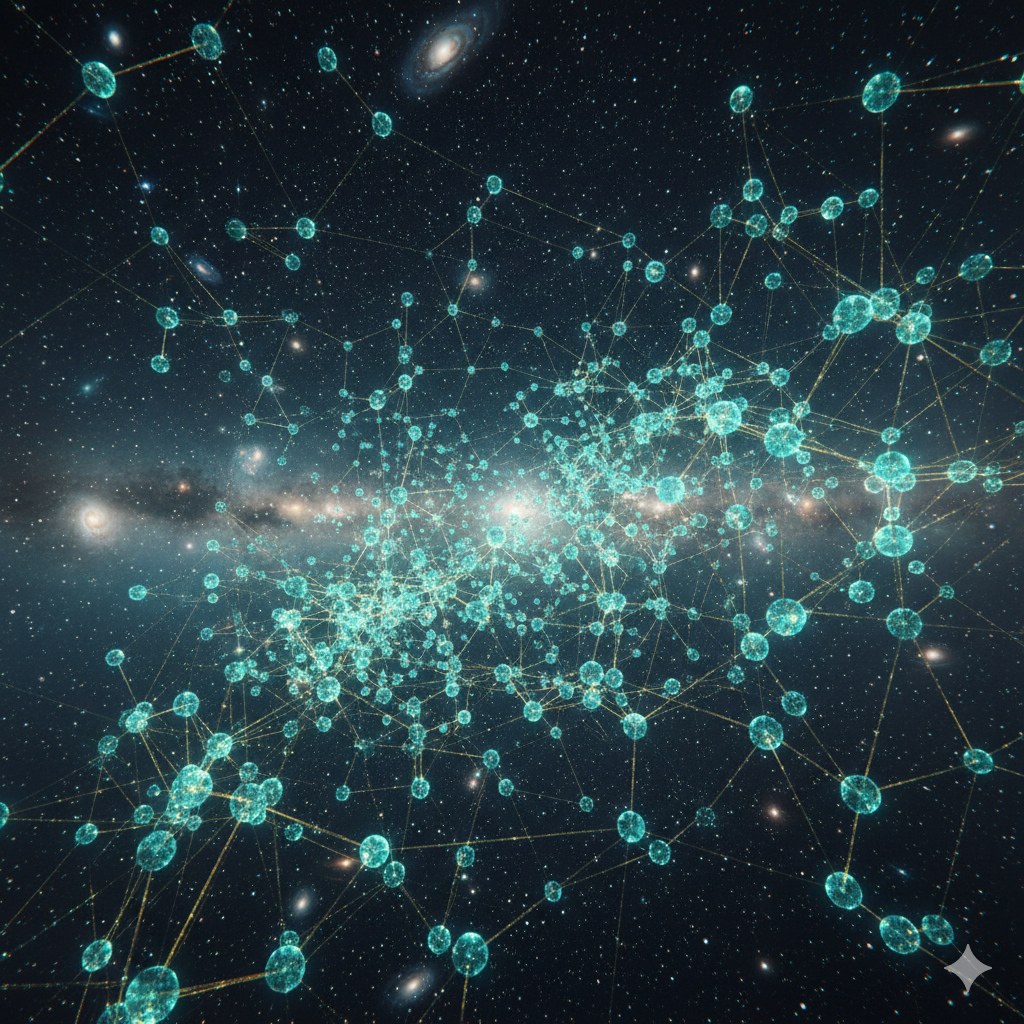 Cosmic network visualizing frontier intelligence systems.