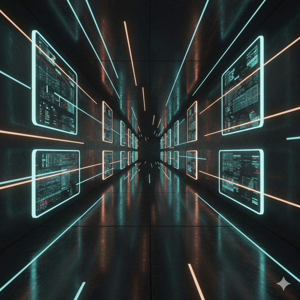 Signal hall with layered data panels and transmission lanes.