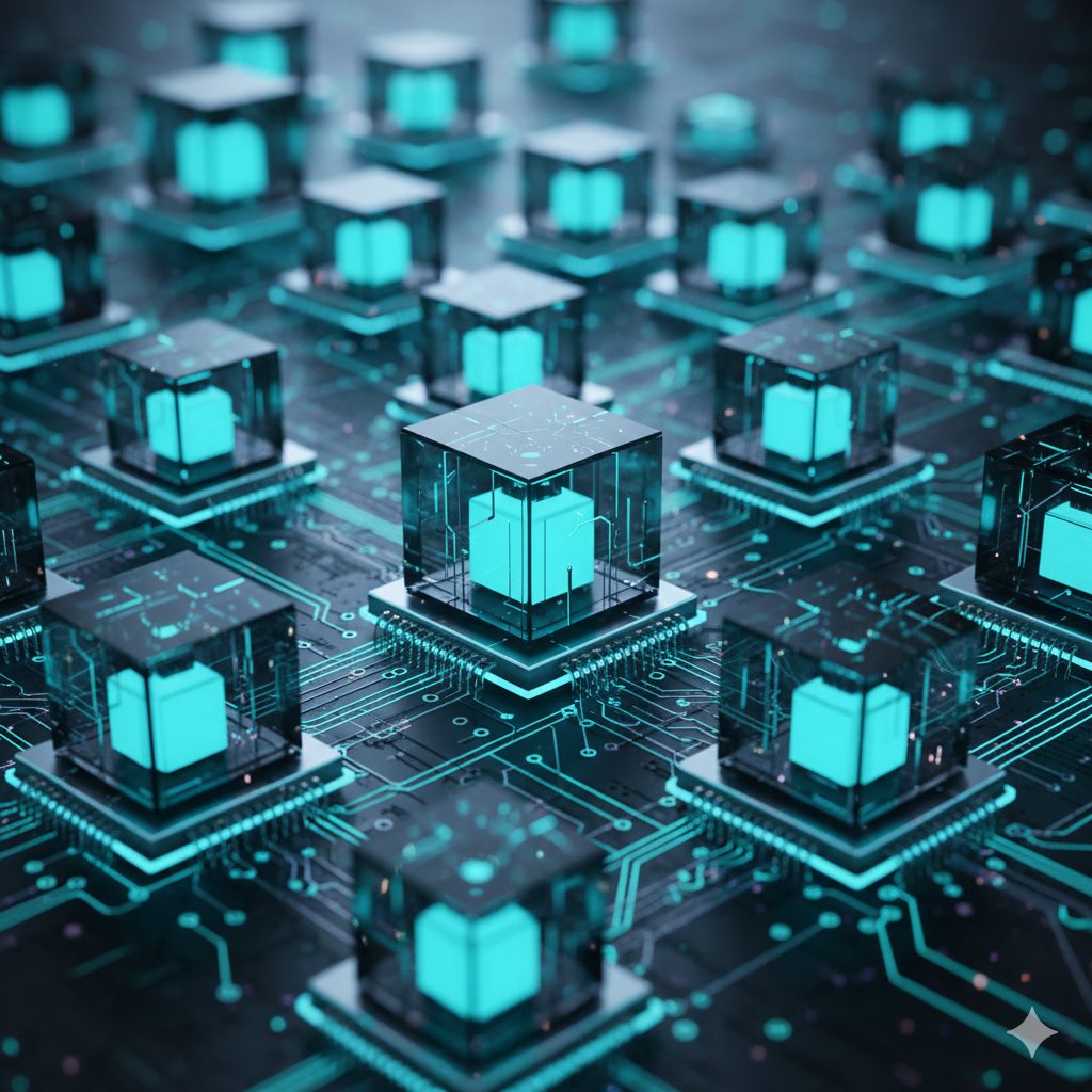 Compute blocks representing an AI cluster on a circuit board