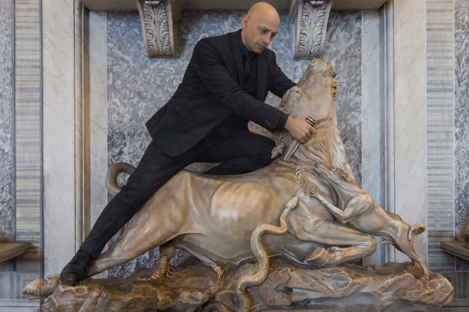 A person posed on a bull statue (marketing momentum)