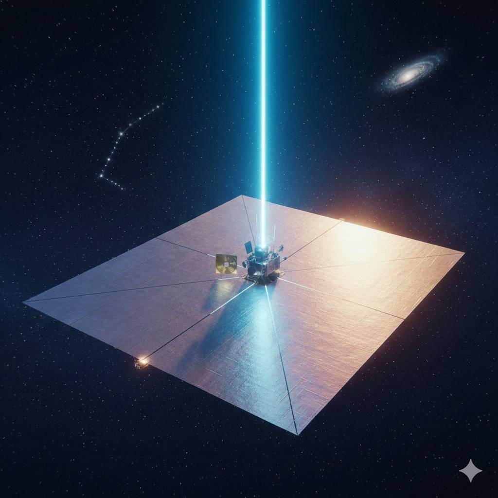 Satellite beam representing physics, energy, and engineered systems